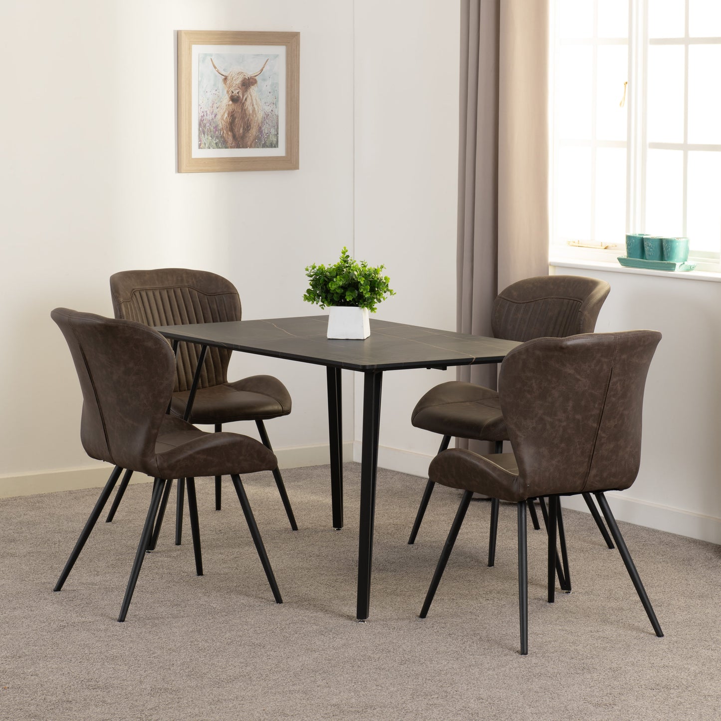 Marlow & Quebec Dining Set (X4 Chairs) - Black Marble/Brown Pu