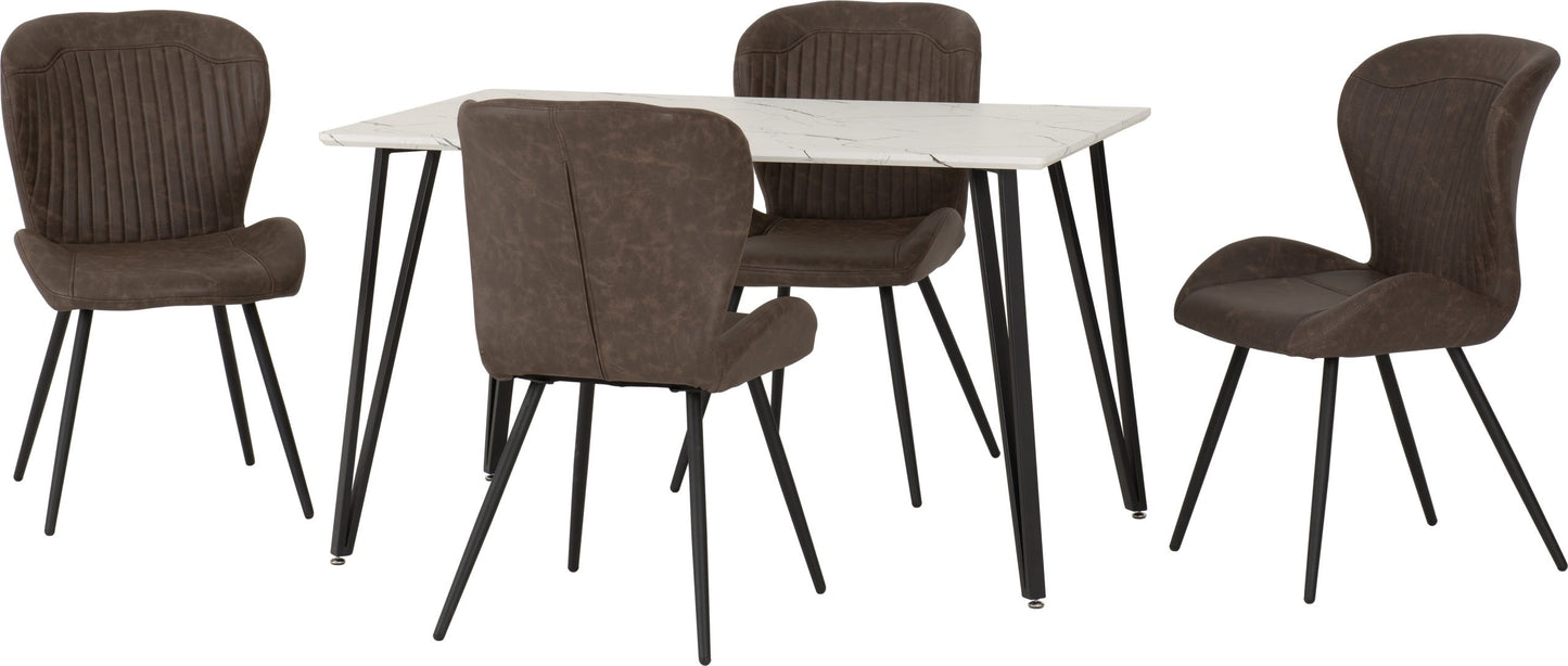 Marlow & Quebec Dining Set (X4 Chairs) - White Marble/Brown Pu