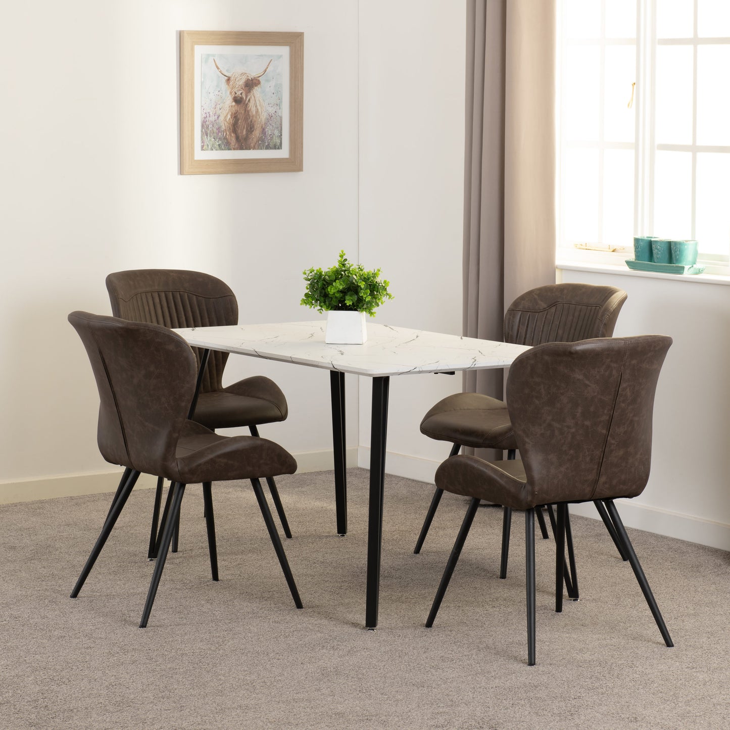 Marlow & Quebec Dining Set (X4 Chairs) - White Marble/Brown Pu
