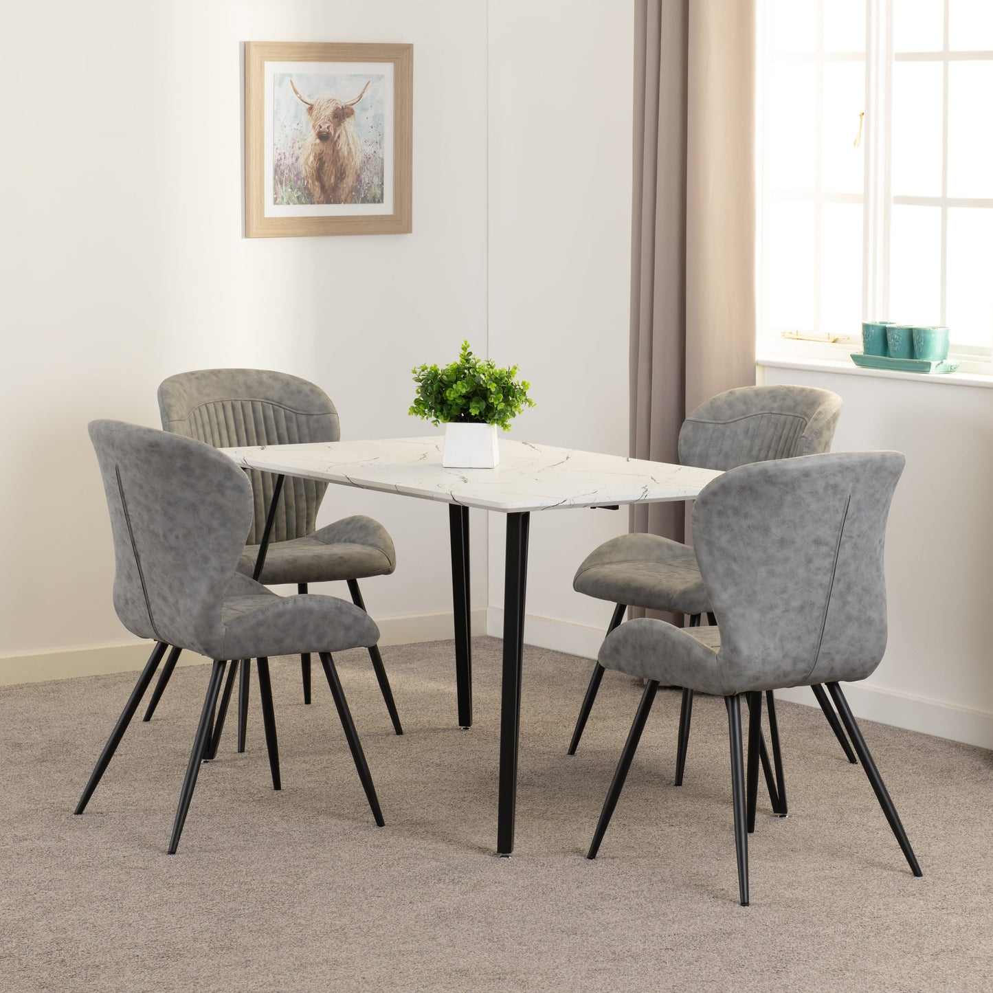 Marlow & Quebec Dining Set (X4 Chairs) - White Marble/Grey Pu