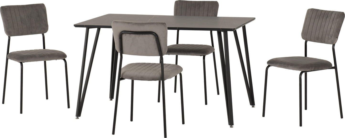 Marlow & Sheldon Dining Set (X4 Chairs) - Black Marble/Grey Velvet Fabric