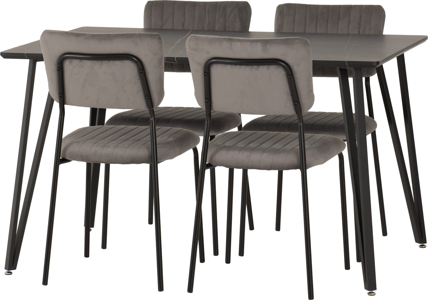 Marlow & Sheldon Dining Set (X4 Chairs) - Black Marble/Grey Velvet Fabric