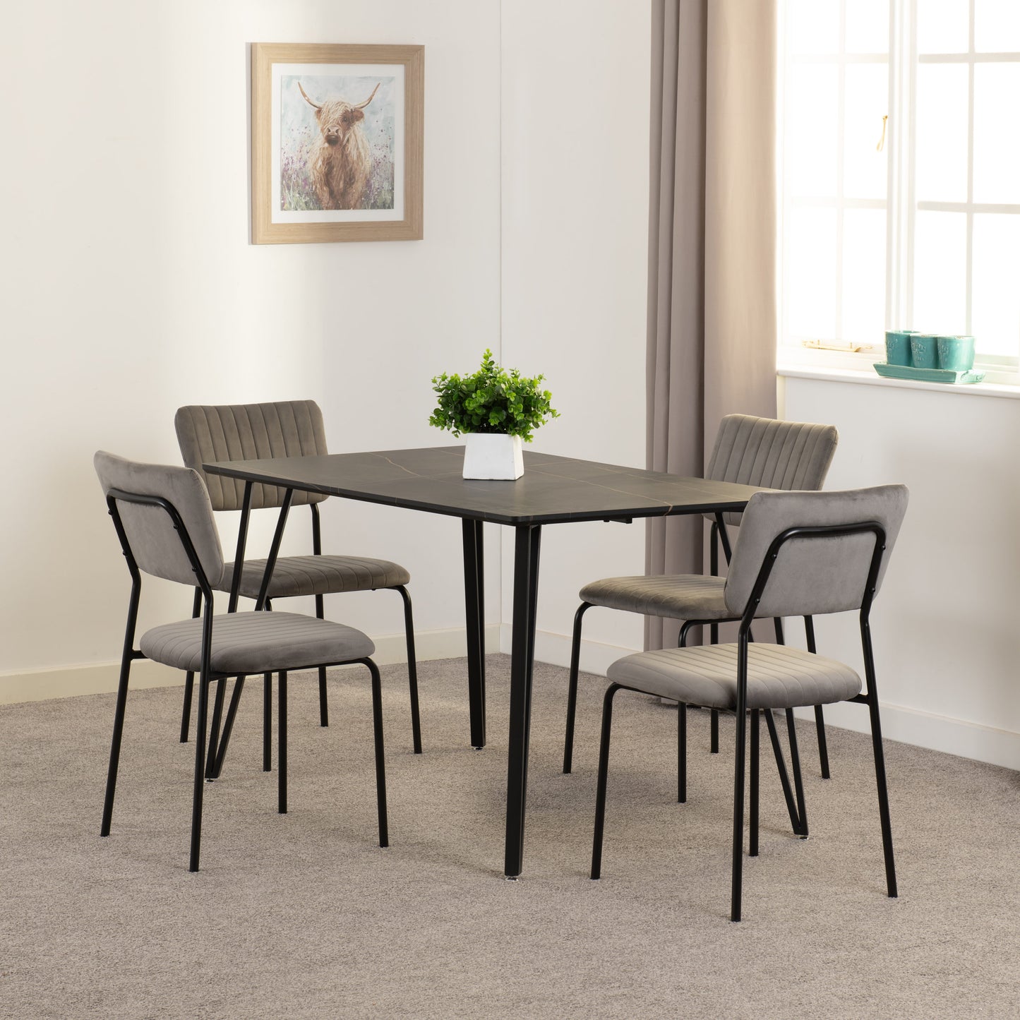 Marlow & Sheldon Dining Set (X4 Chairs) - Black Marble/Grey Velvet Fabric