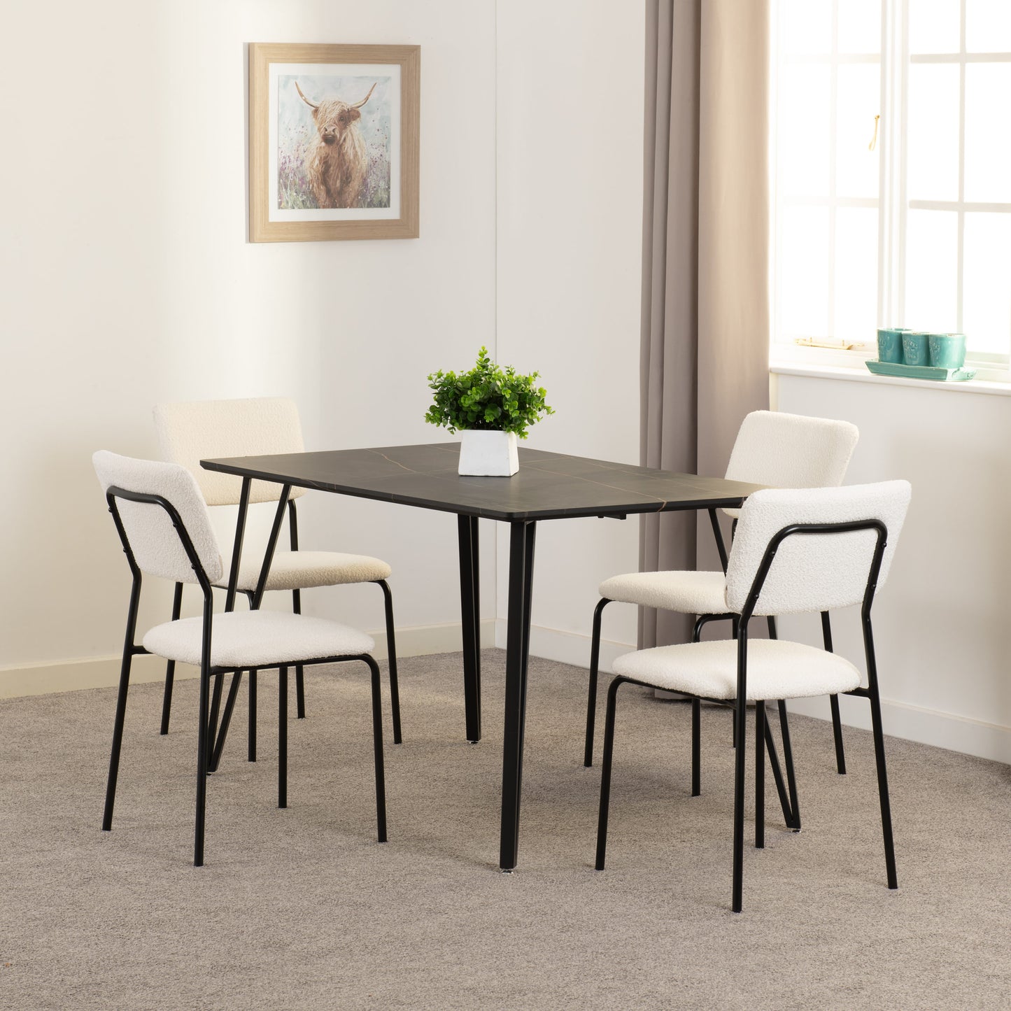 Marlow & Sheldon Dining Set (X4 Chairs) - Black Marble/Ivory Boucle Fabric