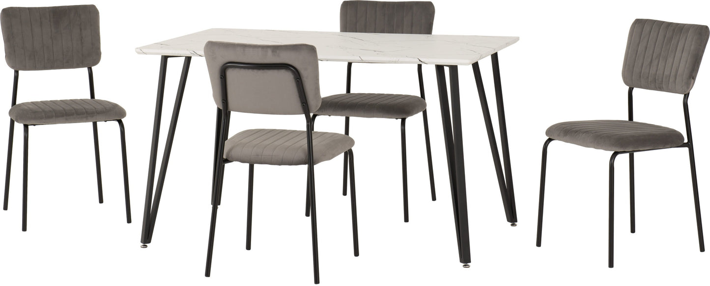 Marlow & Sheldon Dining Set (X4 Chairs) - White Marble/Grey Velvet Fabric