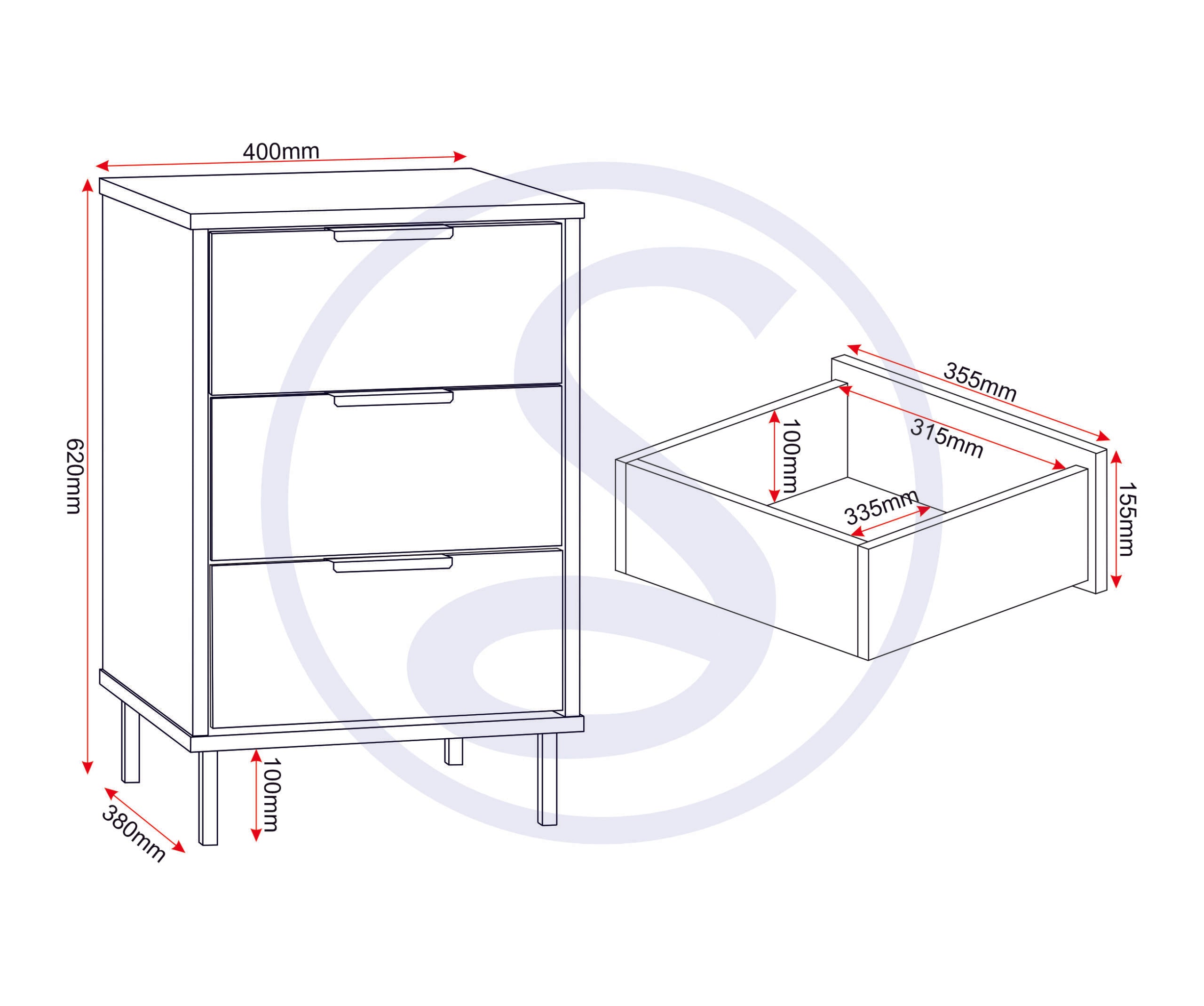 Madrid 3 Drawer Bedside - Grey/White Gloss