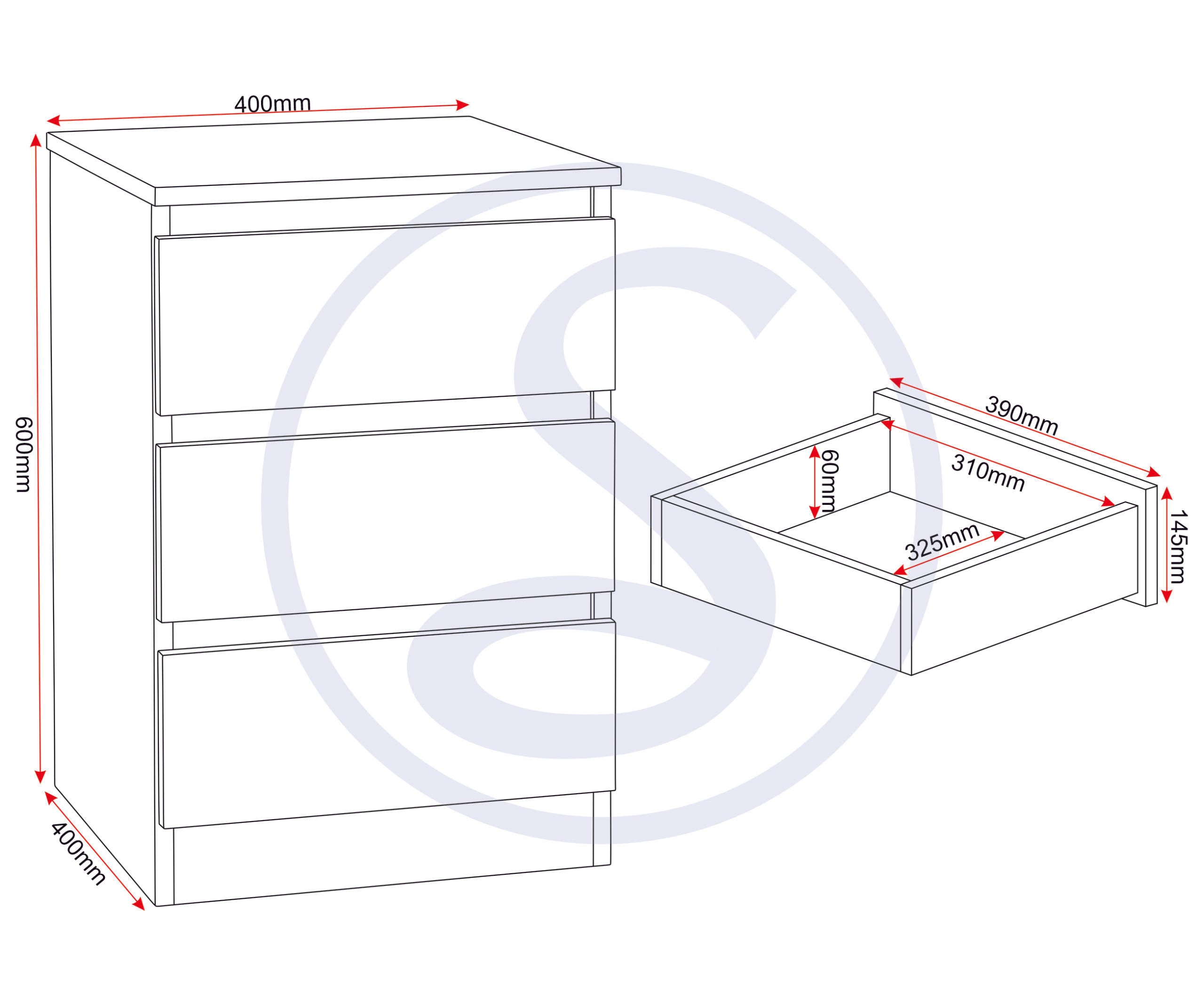 Malvern 3 Drawer Bedside X2 - Black