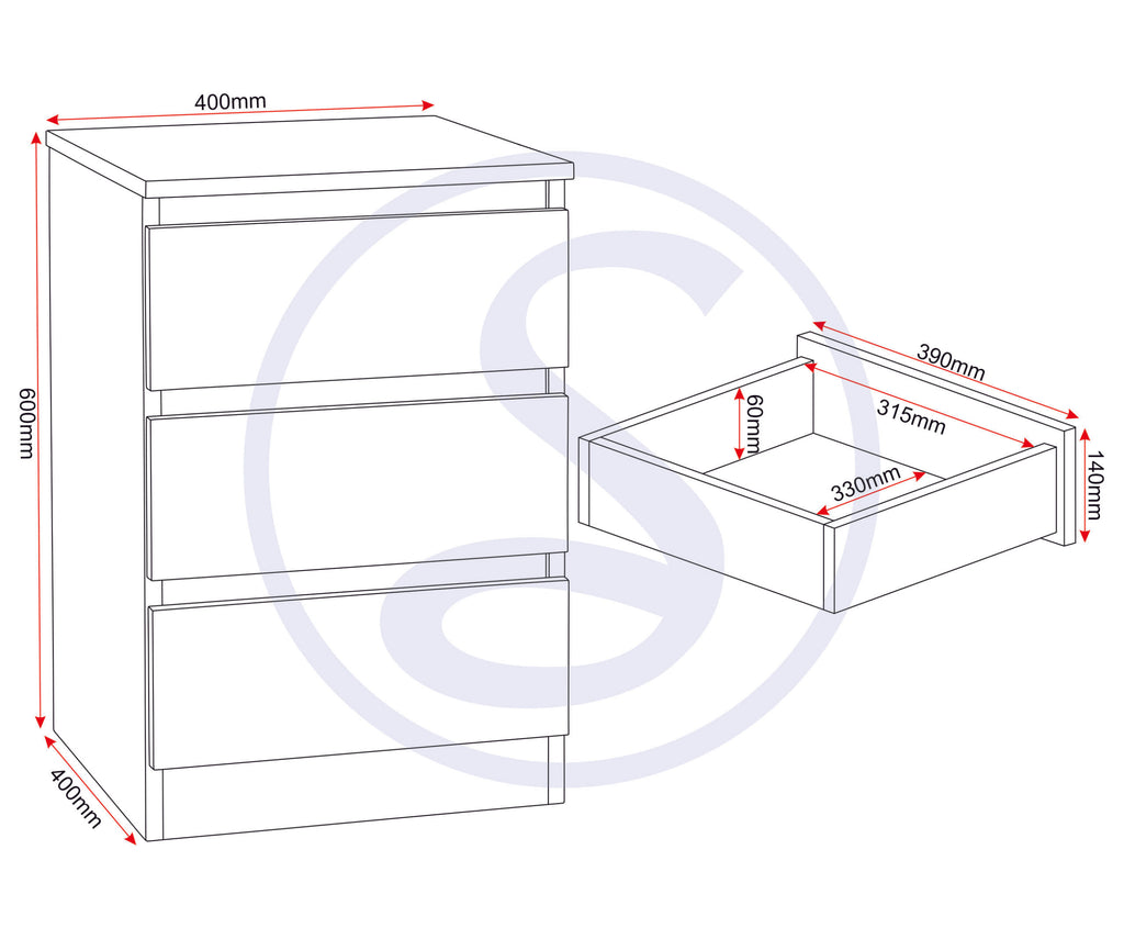 Malvern 3 Drawer Bedside - Urban Snow