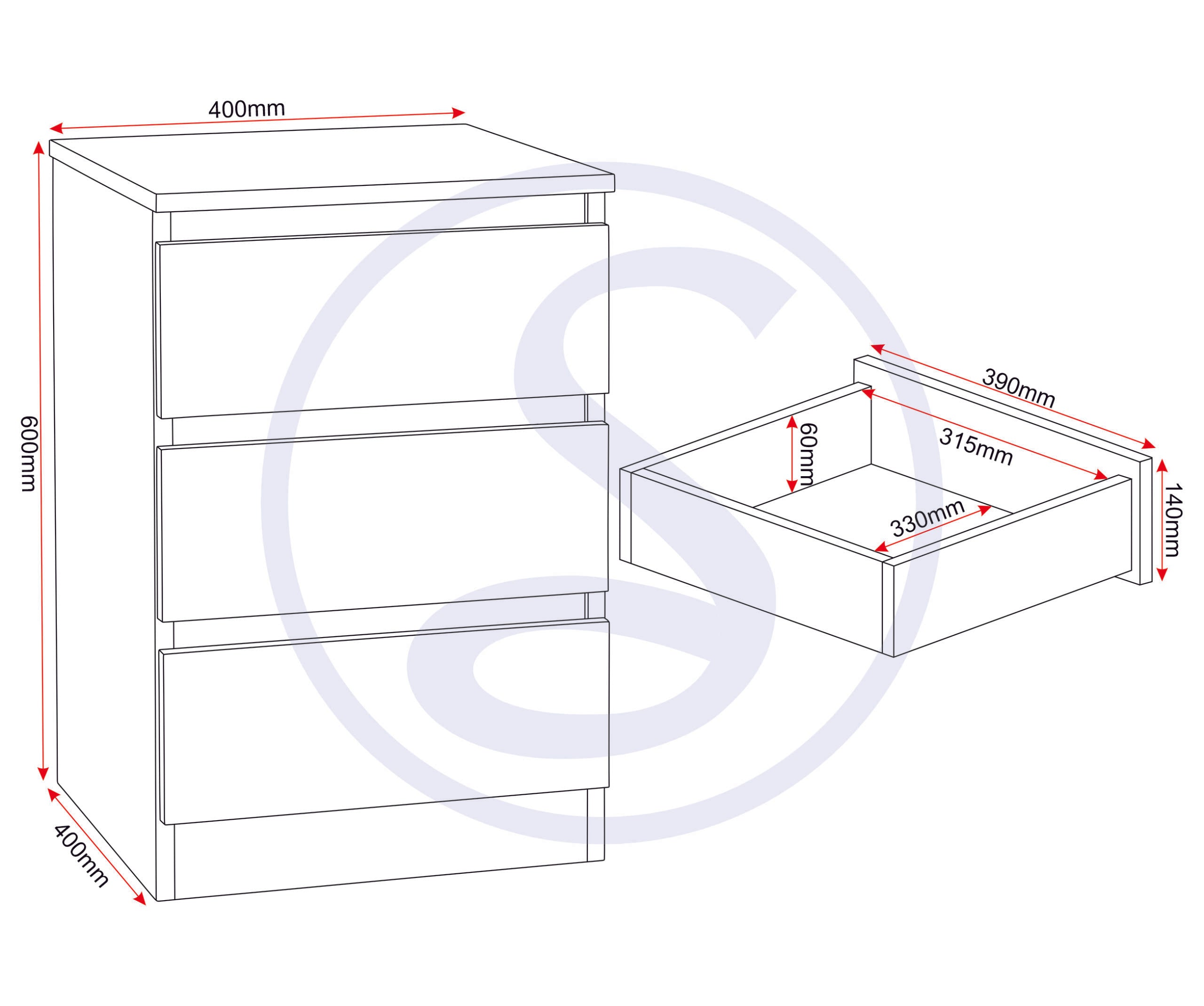 Malvern 3 Drawer Bedside - Urban Snow
