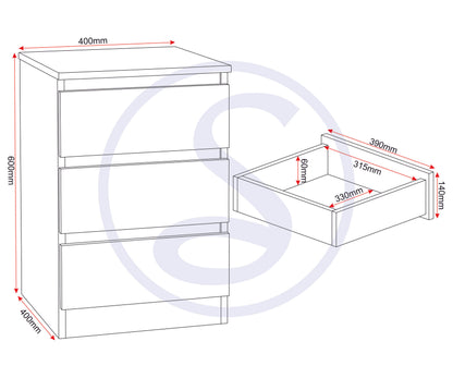 Malvern 3 Drawer Bedside X2 - Urban Snow