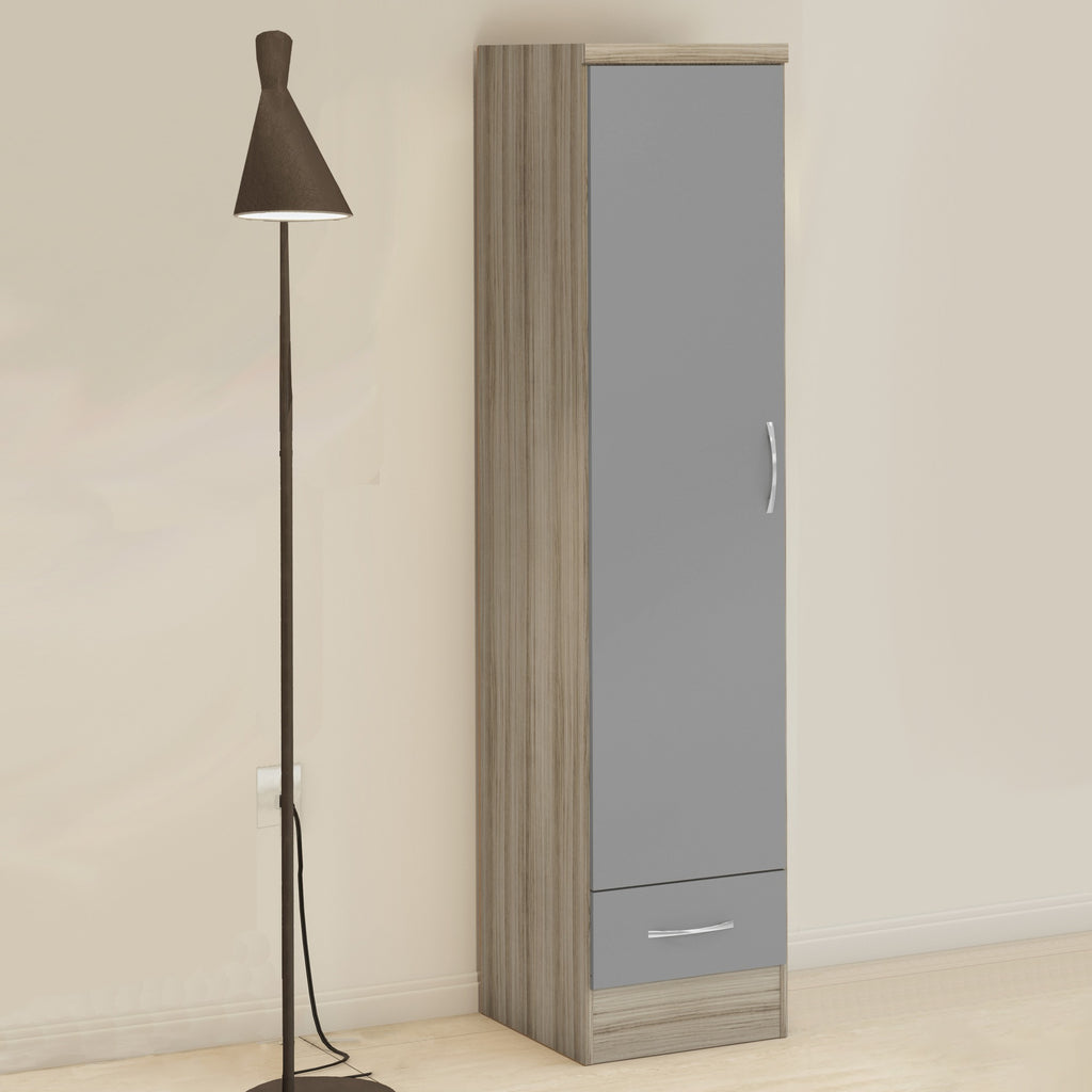 Nevada 1 Door 1 Drawer Wardrobe - Grey Gloss/Light Oak Effect Veneer