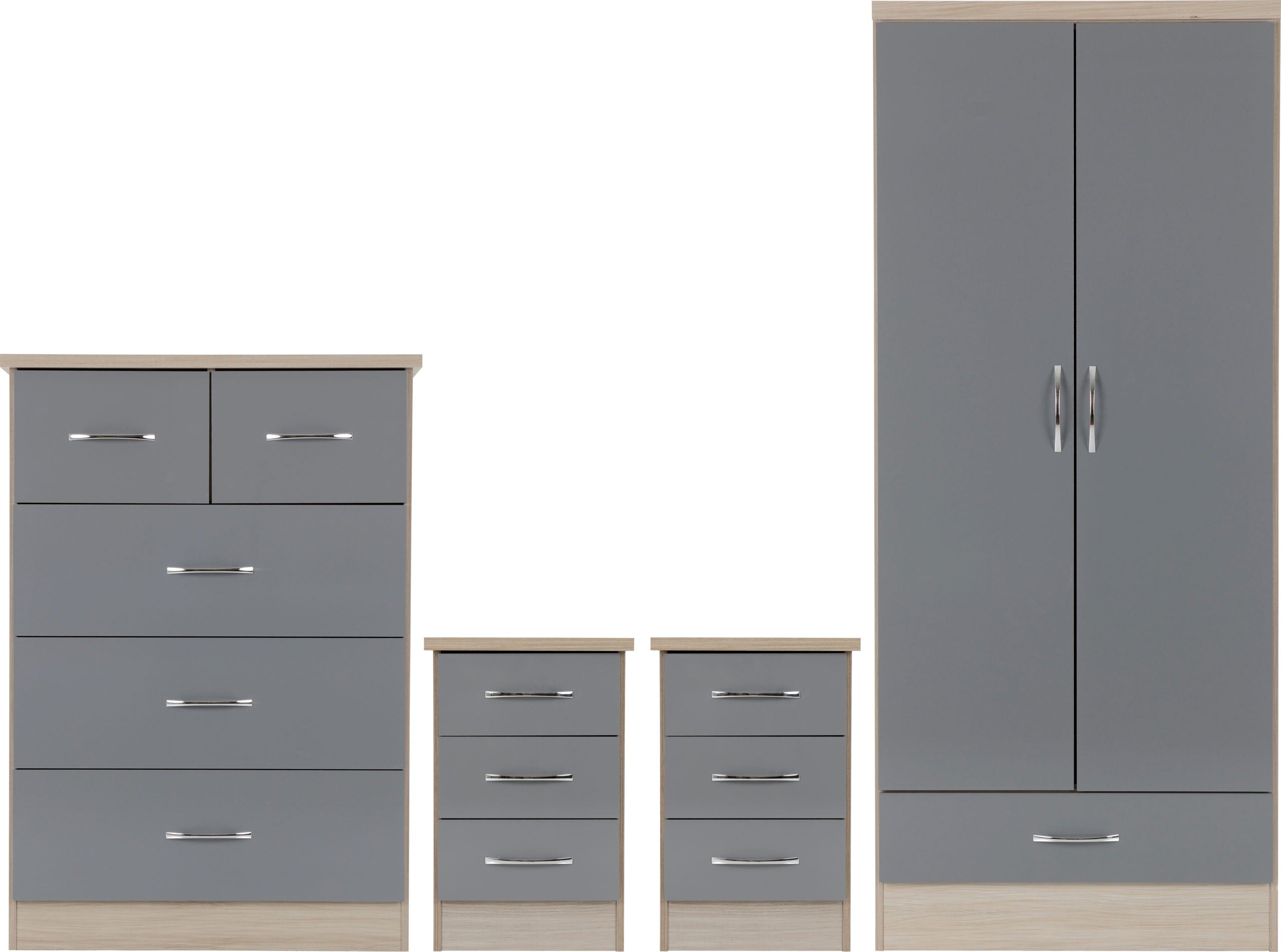 Nevada 2 Door 1 Drawer Wardrobe Bedroom Set - Grey Gloss/Light Oak Effect Veneer