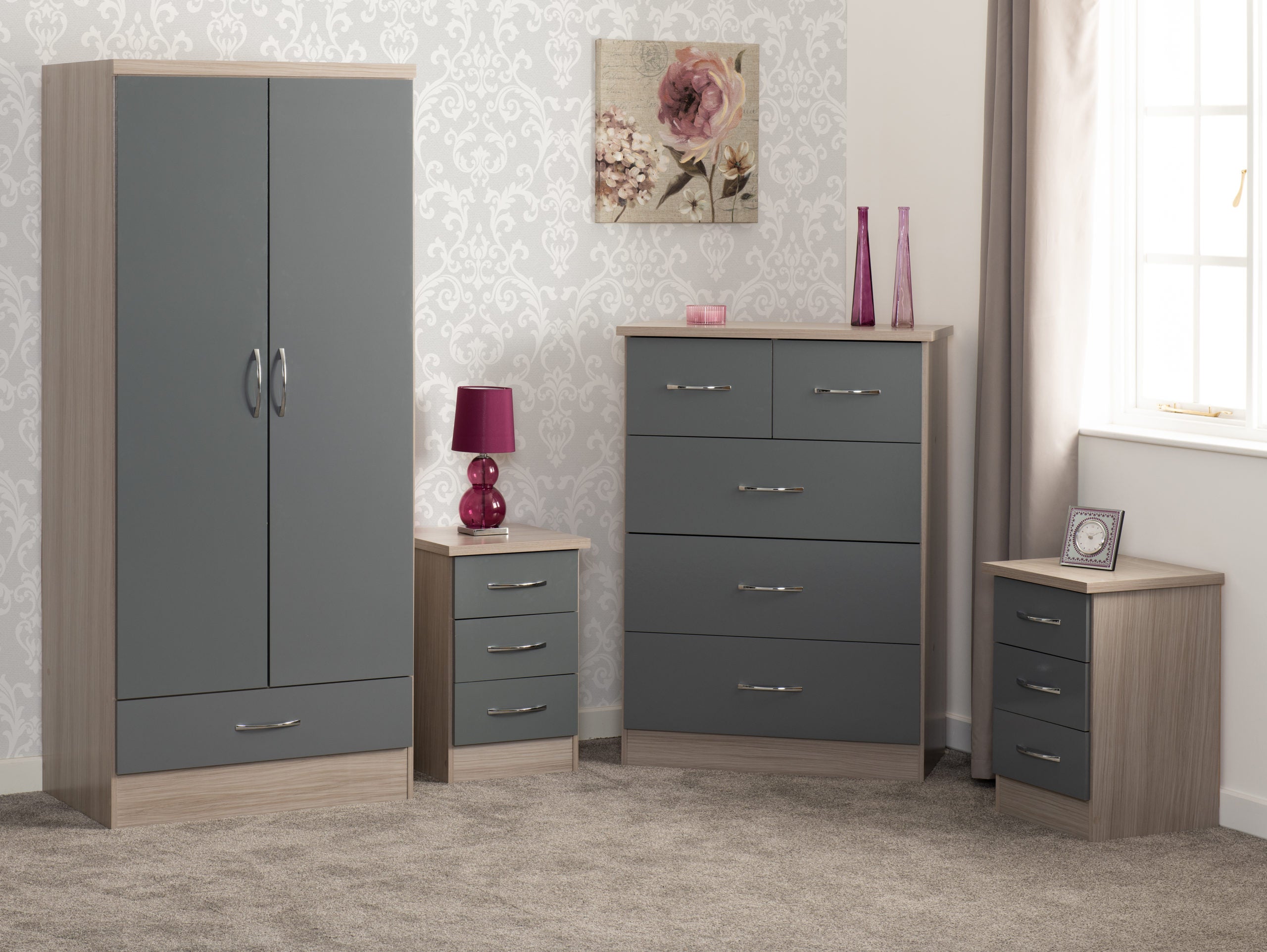 Nevada 2 Door 1 Drawer Wardrobe Bedroom Set - Grey Gloss/Light Oak Effect Veneer
