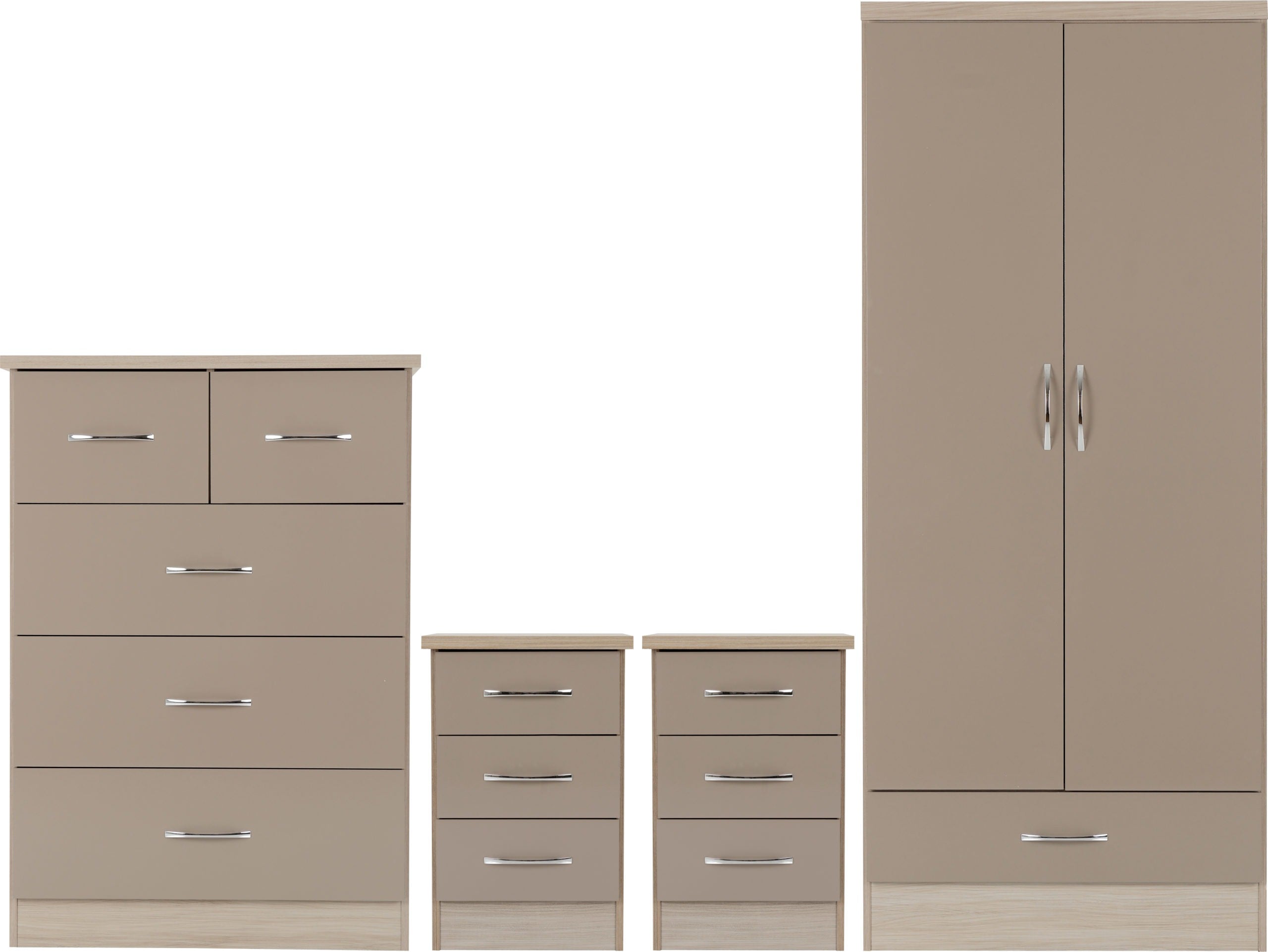 Nevada 2 Door 1 Drawer Wardrobe Bedroom Set - Oyster Gloss/Light Oak Effect Veneer