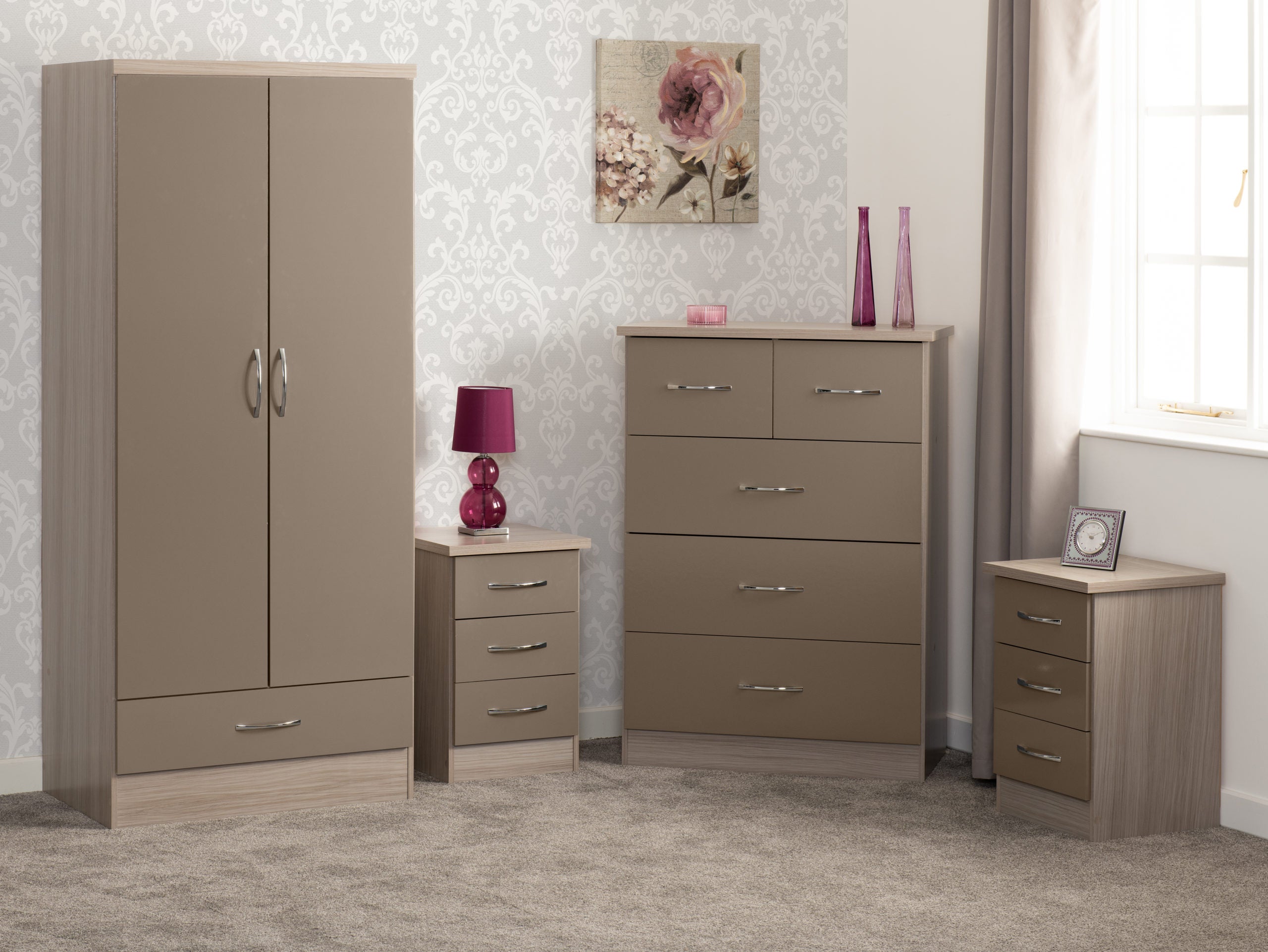 Nevada 2 Door 1 Drawer Wardrobe Bedroom Set - Oyster Gloss/Light Oak Effect Veneer