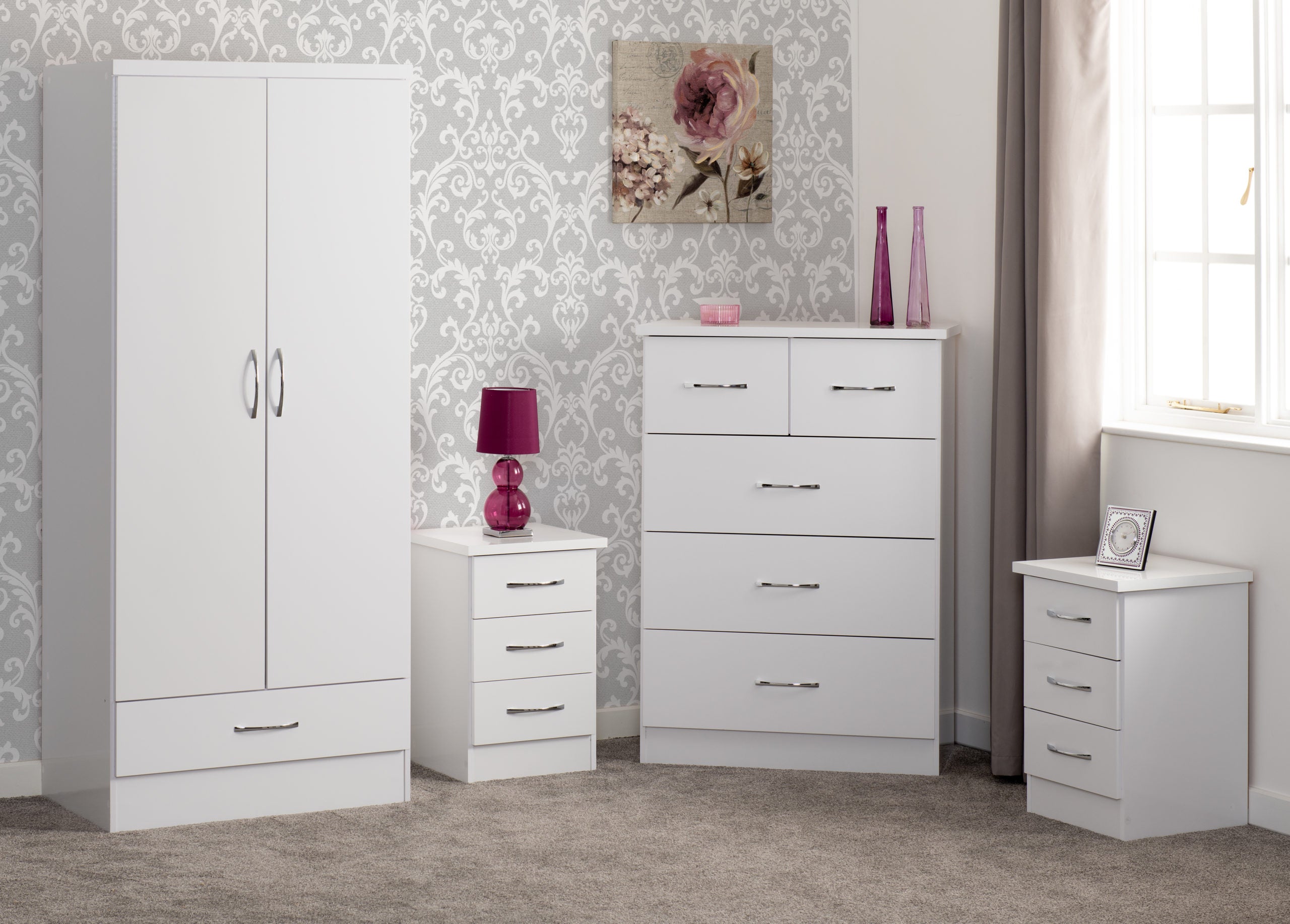 Nevada 2 Door 1 Drawer Wardrobe Bedroom Set - White Gloss