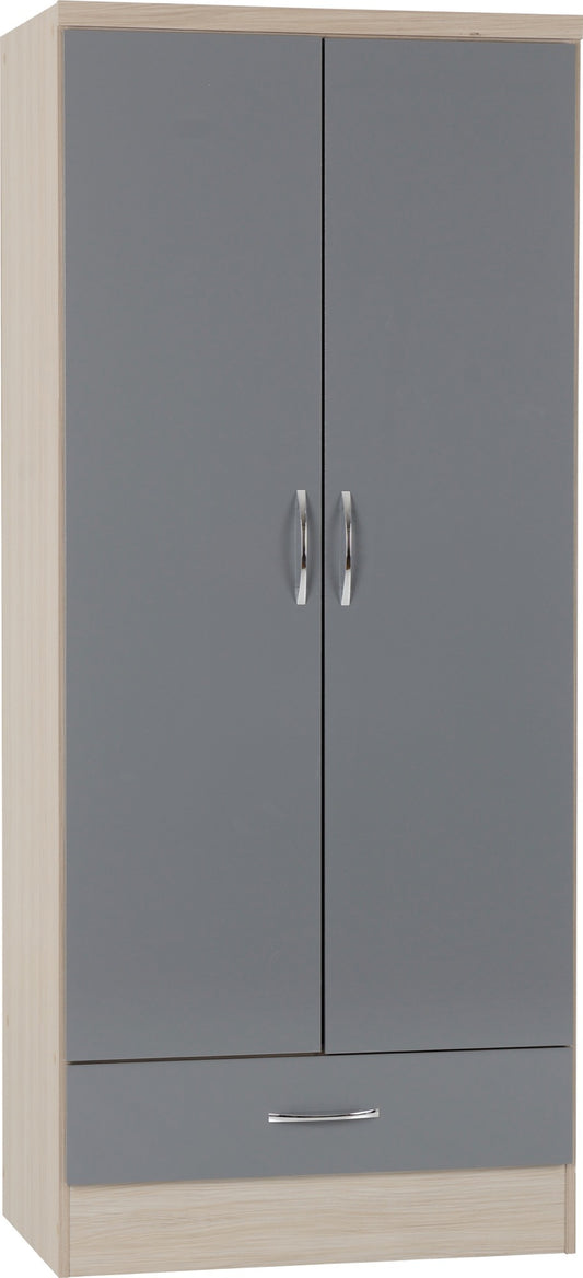Nevada 2 Door 1 Drawer Wardrobe - Grey Gloss/Light Oak Effect Veneer