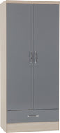Nevada 2 Door 1 Drawer Wardrobe - Grey Gloss/Light Oak Effect Veneer