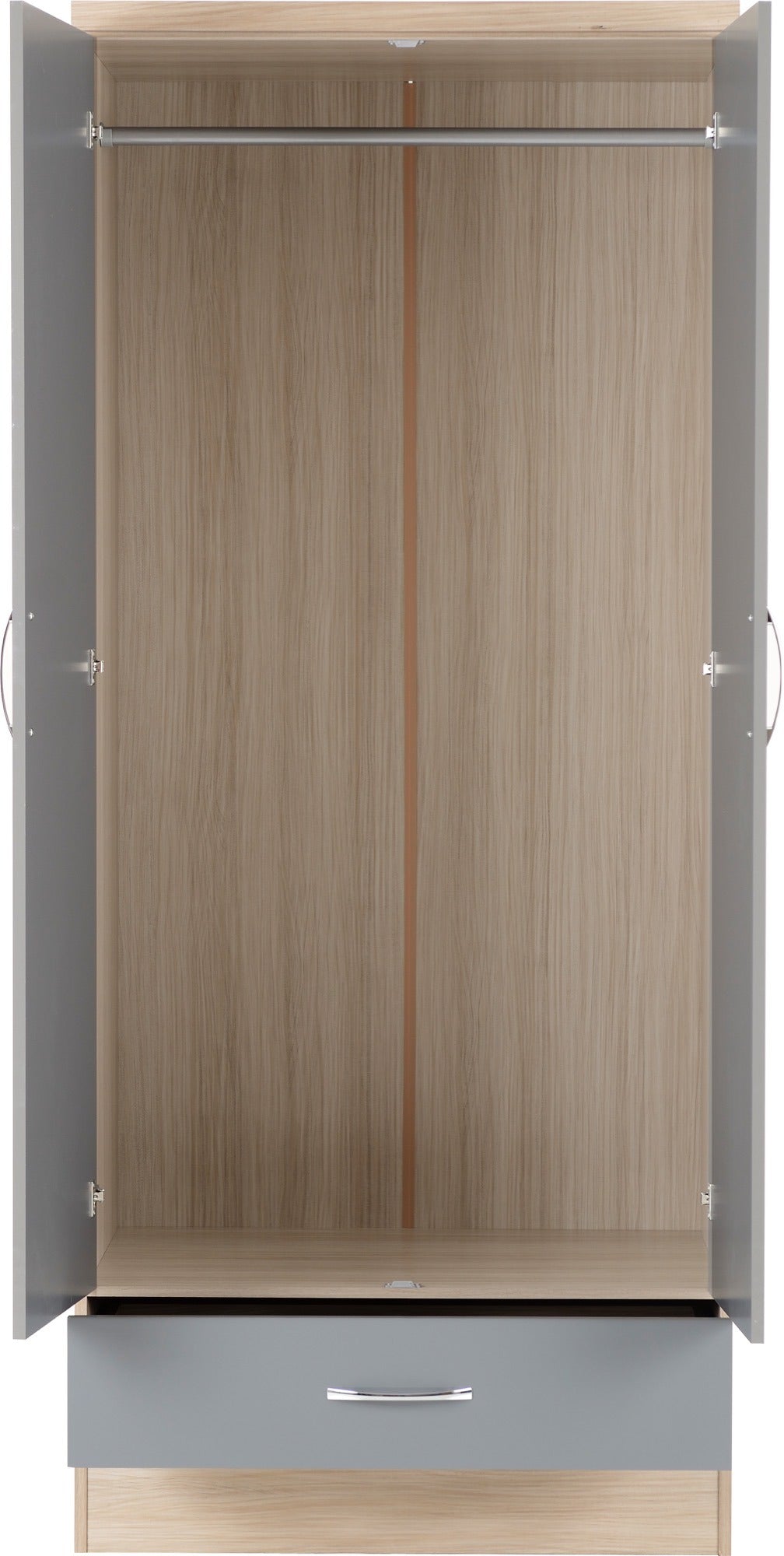 Nevada 2 Door 1 Drawer Wardrobe Bedroom Set - Grey Gloss/Light Oak Effect Veneer