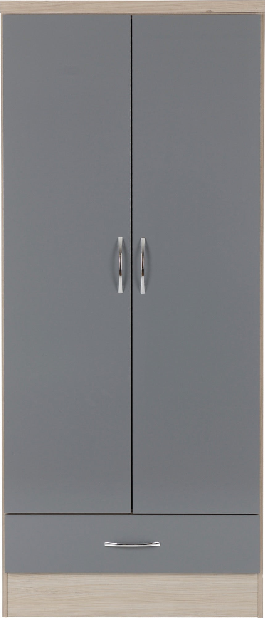 Nevada 2 Door 1 Drawer Wardrobe - Grey Gloss/Light Oak Effect Veneer