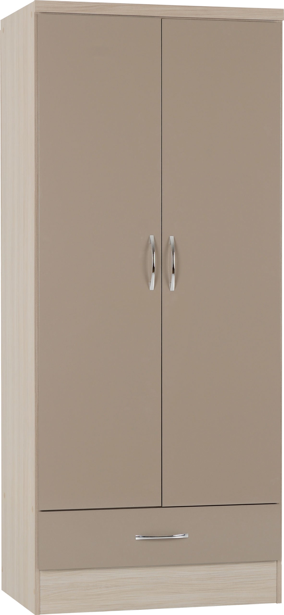Nevada 2 Door 1 Drawer Wardrobe - Oyster Gloss/Light Oak Effect Veneer