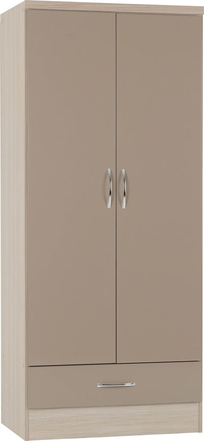 Nevada 2 Door 1 Drawer Wardrobe - Oyster Gloss/Light Oak Effect Veneer