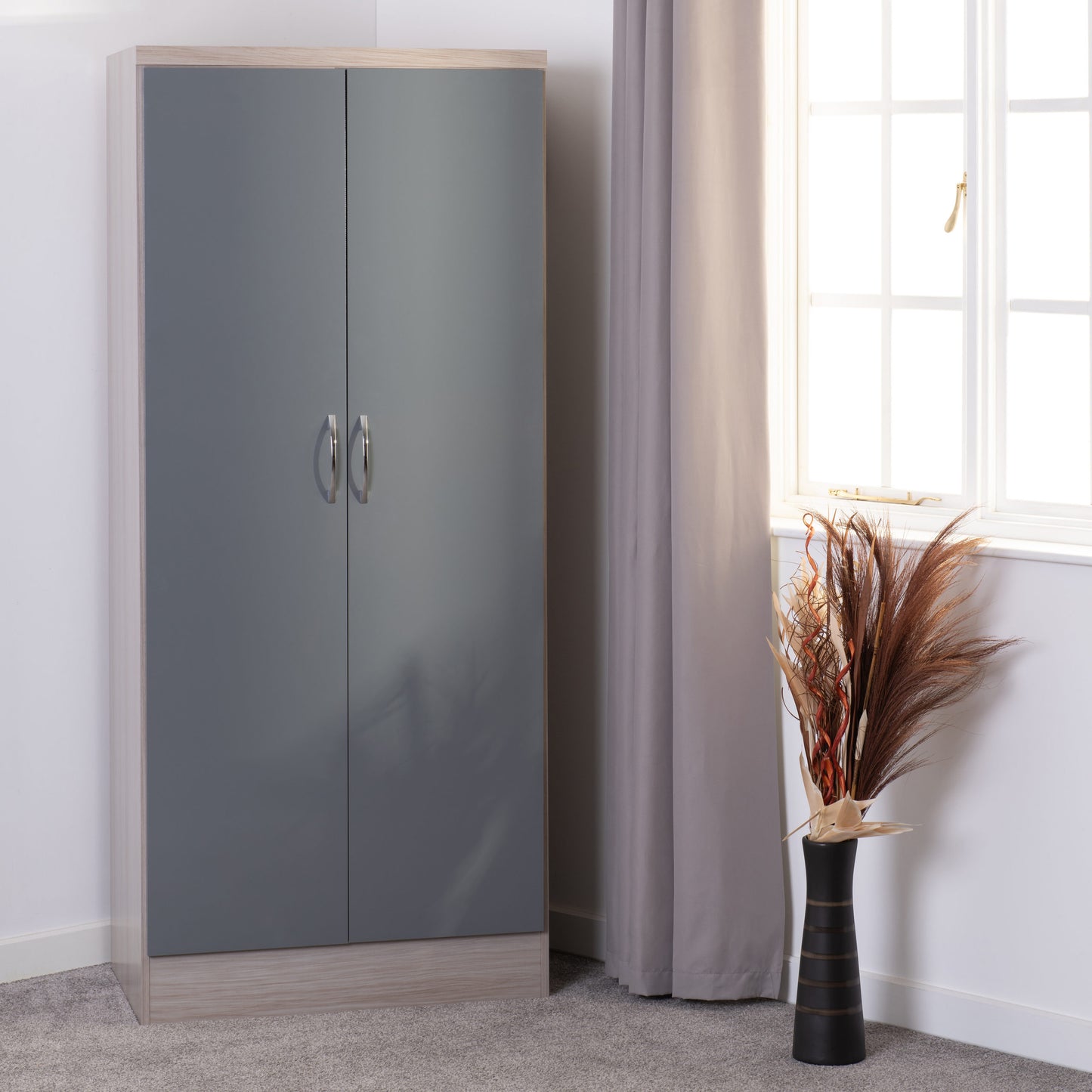 Nevada 2 Door All Hanging Wardrobe - Grey Gloss/Light Oak Effect Veneer