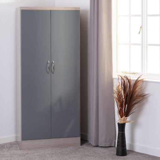 Nevada 2 Door All Hanging Wardrobe - Grey Gloss/Light Oak Effect Veneer
