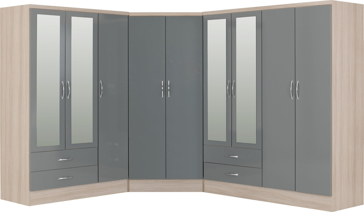 Nevada 2 Door Corner Wardrobe - Grey Gloss/Light Oak Effect Veneer