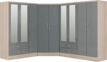 Nevada 2 Door Corner Wardrobe - Grey Gloss/Light Oak Effect Veneer