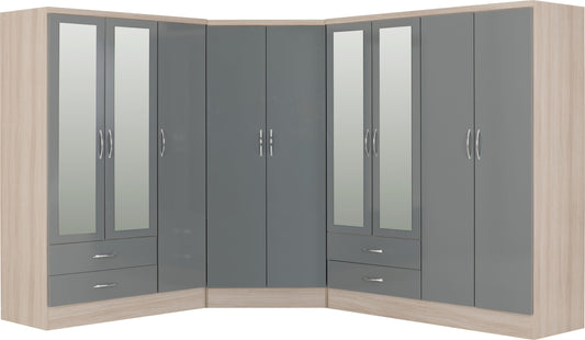 Nevada 2 Door Corner Wardrobe - Grey Gloss/Light Oak Effect Veneer