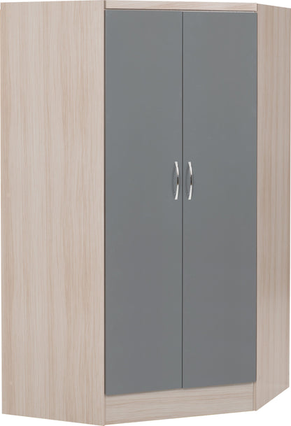 Nevada 2 Door Corner Wardrobe - Grey Gloss/Light Oak Effect Veneer