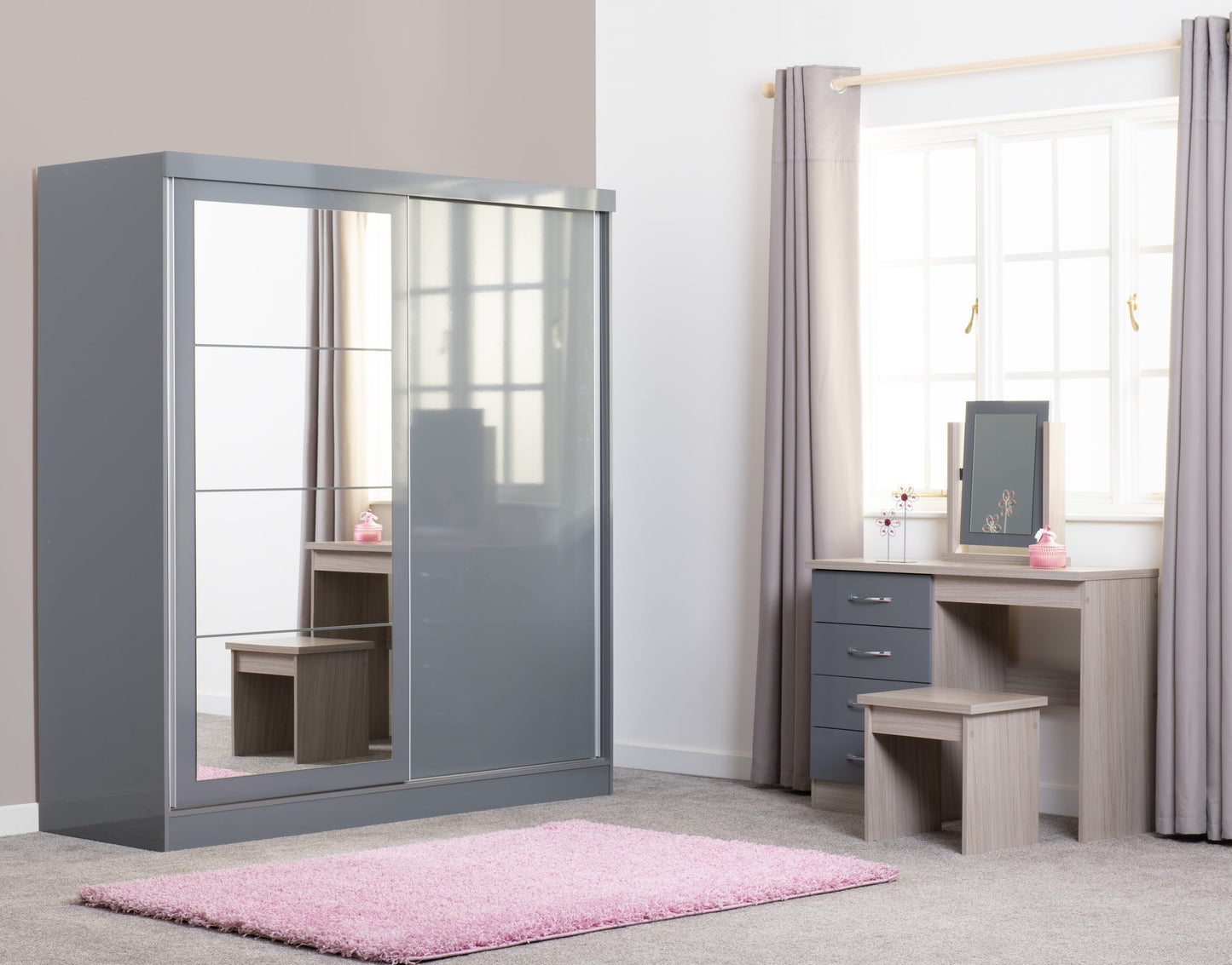 Nevada Dressing Table Set - Grey Gloss/Light Oak Effect Veneer