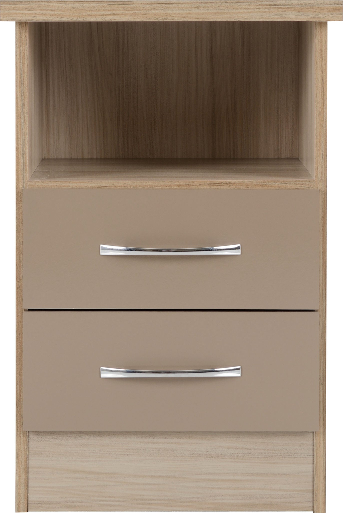 Nevada 2 Drawer Bedside - Oyster Gloss/Light Oak Effect Veneer