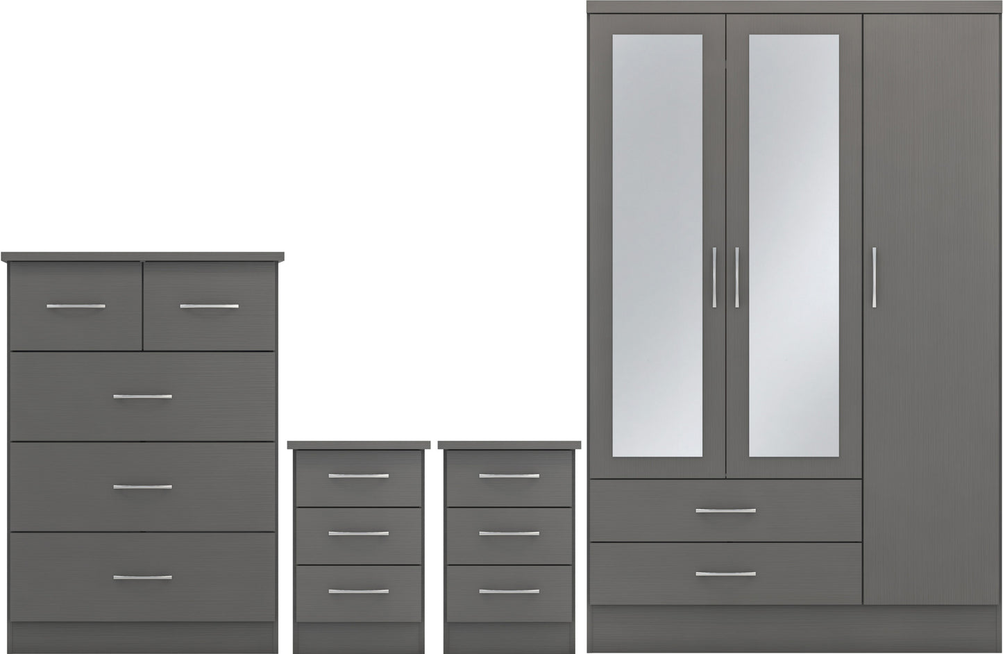 Nevada 3 Door 2 Drawer Wardrobe Bedroom Set - 3D Effect Grey