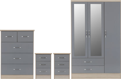 Nevada 3 Door 2 Drawer Wardrobe Bedroom Set - Grey Gloss/Light Oak Effect Veneer