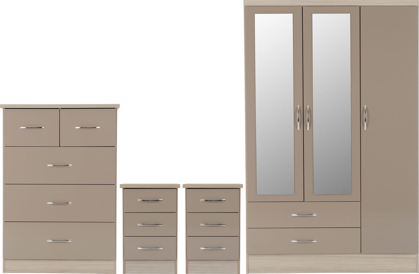 Nevada 3 Door 2 Drawer Wardrobe Bedroom Set - Oyster Gloss/Light Oak Effect Veneer