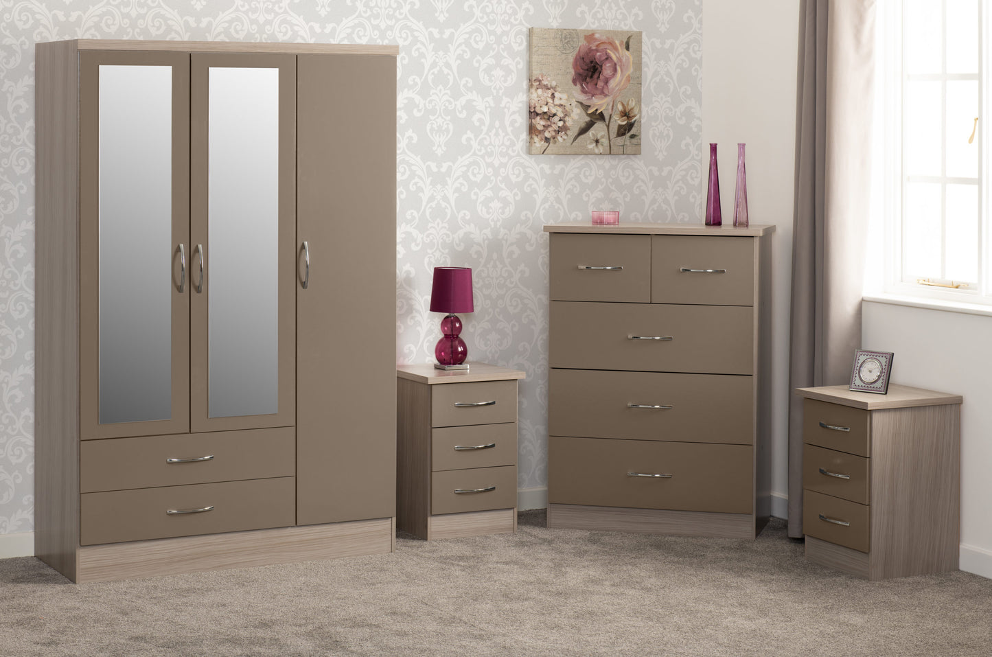 Nevada 3 Door 2 Drawer Wardrobe Bedroom Set - Oyster Gloss/Light Oak Effect Veneer