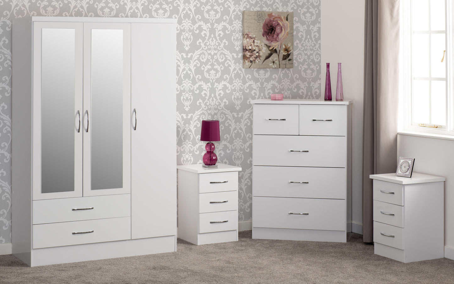 Nevada 3 Door 2 Drawer Wardrobe Bedroom Set - White Gloss