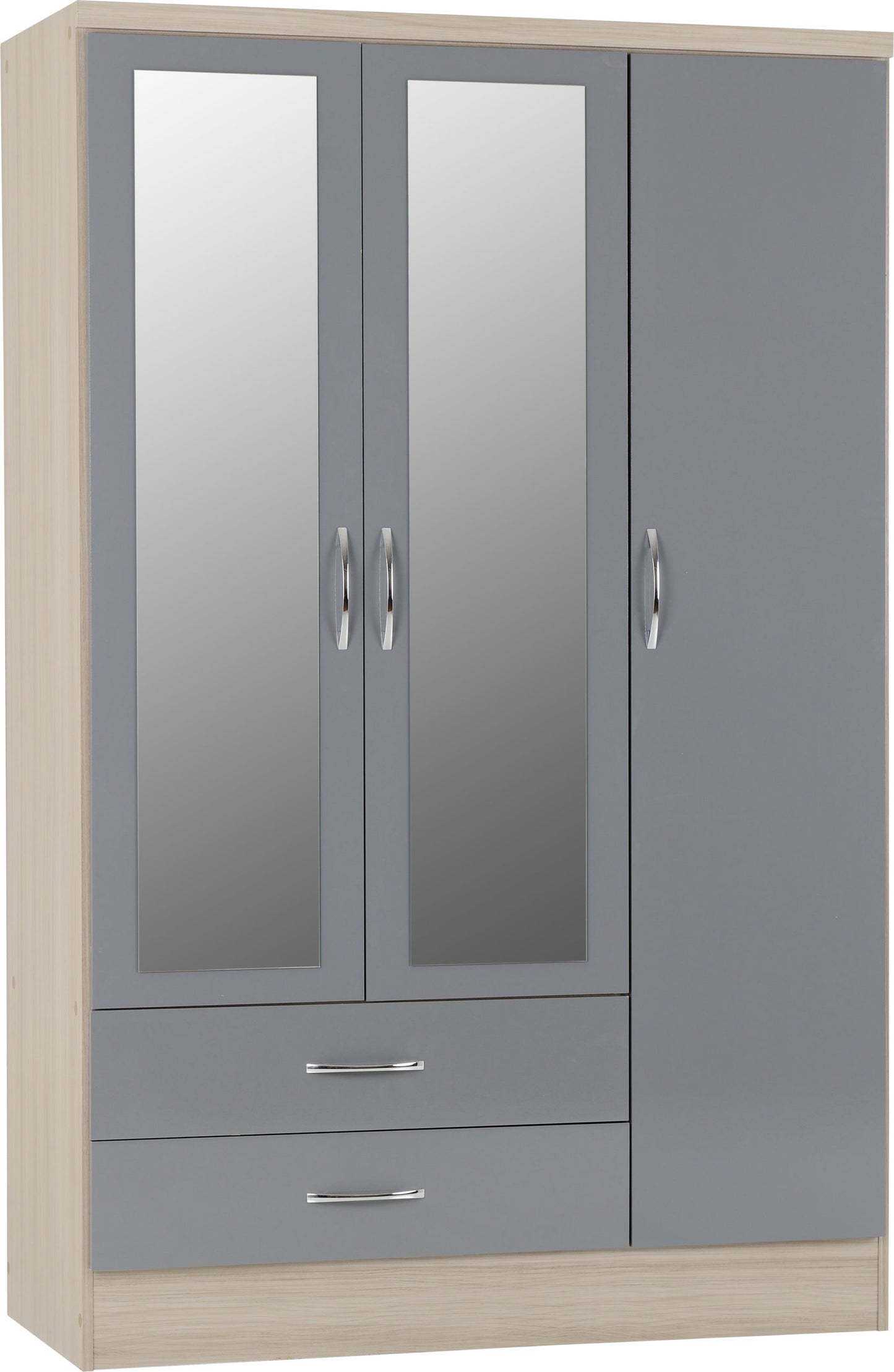Nevada 3 Door 2 Drawer Wardrobe - Grey Gloss/Light Oak Effect Veneer
