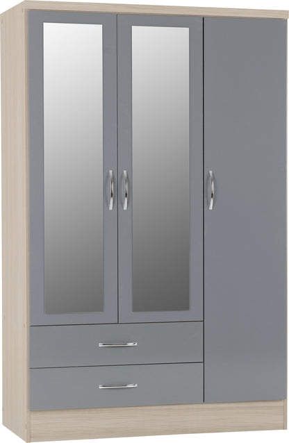 Nevada 3 Door 2 Drawer Wardrobe - Grey Gloss/Light Oak Effect Veneer