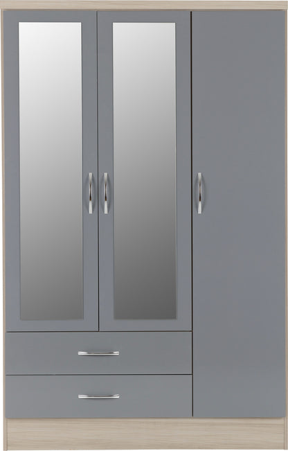 Nevada 3 Door 2 Drawer Wardrobe - Grey Gloss/Light Oak Effect Veneer