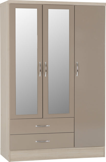 Nevada 3 Door 2 Drawer Wardrobe - Oyster Gloss/Light Oak Effect Veneer