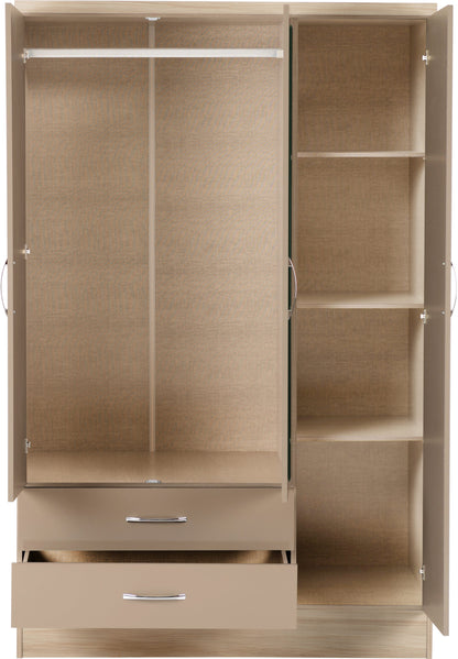 Nevada 3 Door 2 Drawer Wardrobe - Oyster Gloss/Light Oak Effect Veneer