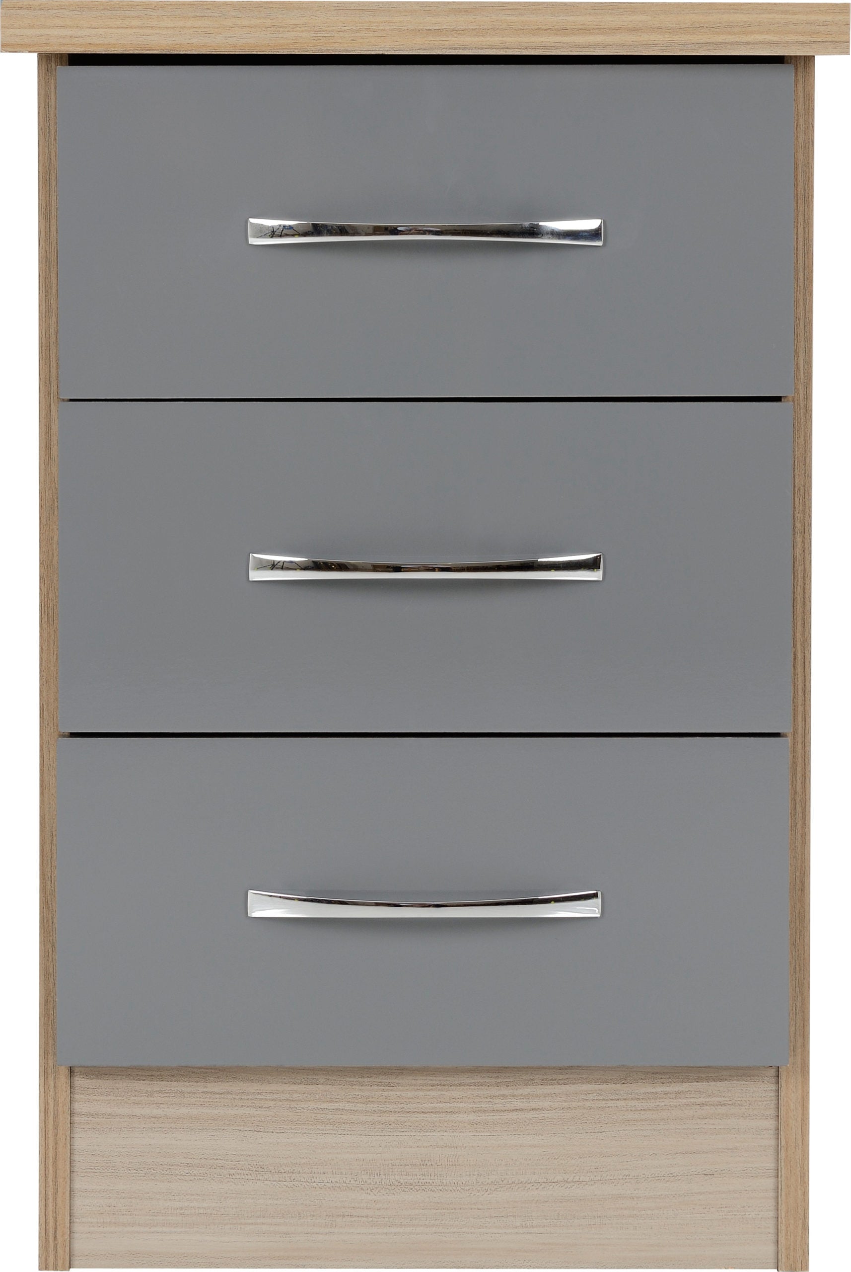Nevada 3 Drawer Bedside - Grey Gloss/Light Oak Effect Veneer