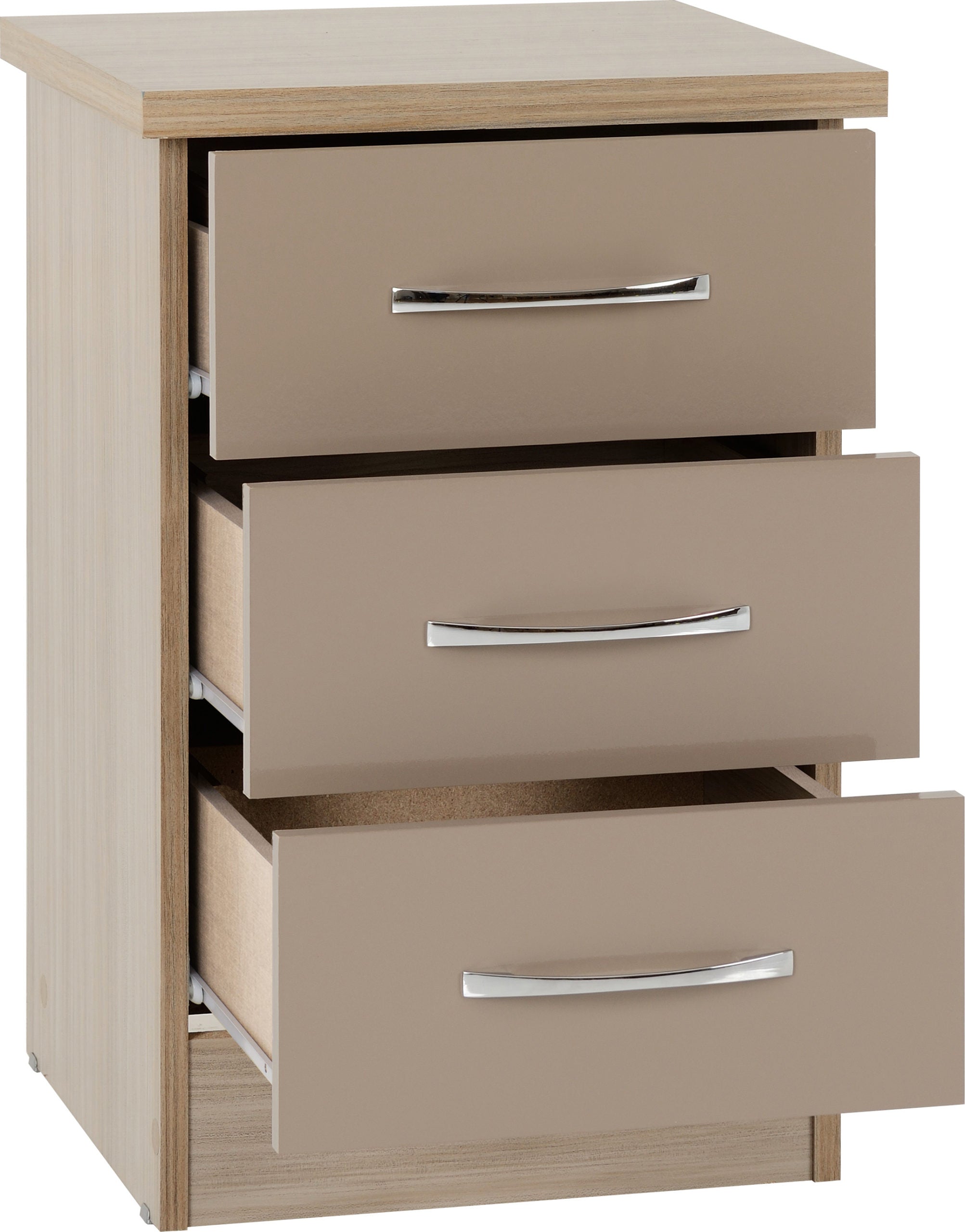 Nevada 3 Drawer Bedside - Oyster Gloss/Light Oak Effect Veneer
