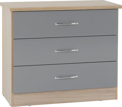 Nevada 3 Drawer Chest - Grey Gloss/Light Oak Effect Veneer