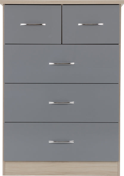 Nevada 3+2 Drawer Chest - Grey Gloss/Light Oak Effect Veneer