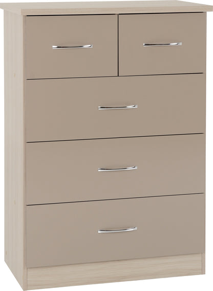 Nevada 3+2 Drawer Chest - Oyster Gloss/Light Oak Effect Veneer