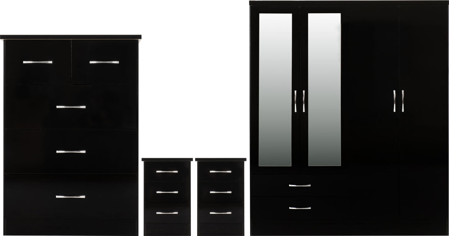 Nevada 4 Door 2 Drawer Wardrobe Bedroom Set - Black Gloss